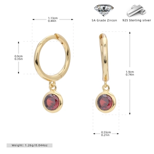 Detail view of 925 sterling silver hoop earrings with red zircon and size measurements