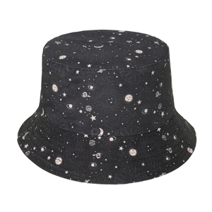 Black canvas bucket hat with white celestial space prints showing stars and moon patterns