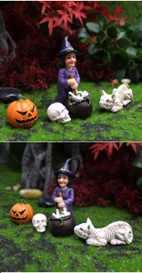 Miniatur Halloween Harzfiguren Set mit Hexe, Kürbis und Skeletten für den Feengarten