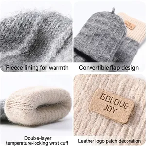 Winter thermal knit gloves with convertible flip top and thick fleece lining for warmth