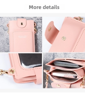 Pink lychee PU leather mobile bag showing magnetic closure, card slots and clear back window