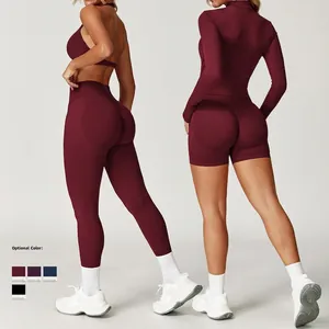 Nahtloses Yoga-Set in Weinrot mit High-Waist-Leggings und langärmligem Crop-Top-Oberteil