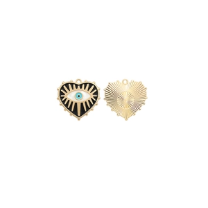 Detailed front and back view of gold heart devil eye charms with blue enamel inlay