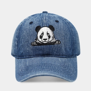 Washed denim baseball cap with retro panda embroidery and classic six-panel design