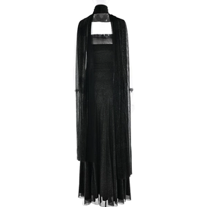 Detail of elegant black evening gown featuring shimmering silver fabric and sheer shawl drape