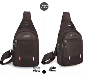 Detailansicht der dunkelbraunen wasserdichten Oxford-Brusttasche mit Doppelwinkel