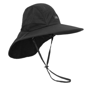 Detail of outdoor sun hat featuring breathable side mesh and adjustable windproof cord