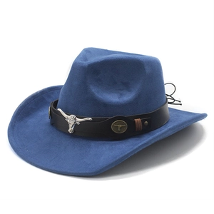 Close-up of blue faux suede cowboy hat with metallic bull head and rivet details