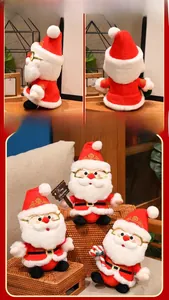 Vues détaillées de dos et de côté des peluches Père Noël avec des textures douces et rouges