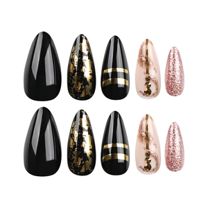 Set of 10 gold foil and rhinestone pointed press-on nails in black and pink designs