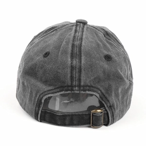 Vintage washed dark grey baseball cap with adjustable metal buckle and distressed fabric