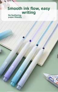 Close-up of four pastel highlighters with chisel tips and soft matte finish on paper