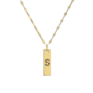 Detail of gold rectangular pendant with colorful rhinestone letter S on flat link chain