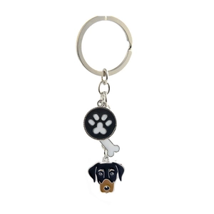 Détail du porte-clés métallique avec breloques patte d'animal os et tête de chien
