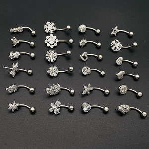 Set of 20 stainless steel belly rings with zircon heart butterfly and flower designs