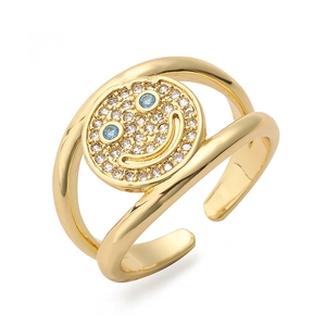 Punk style 18K gold plated smiley face ring with micro-inset zircons and adjustable band