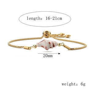 Detail of a gold conch shell charm bracelet featuring product dimensions and weight specs