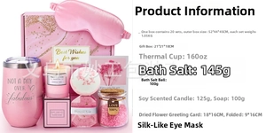 Pink spa gift set with tumbler, scented candle, bath salt, heart soap and silk eye mask