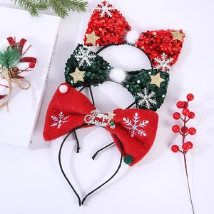 Set of sequin Christmas bow headbands with Merry Christmas metal lettering and stars