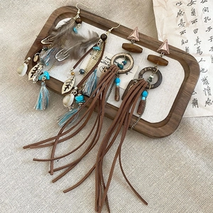 Detail of bohemian drop earrings with feathers, leather tassels, and turquoise beads