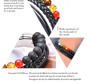 Detail of lava stone leather bracelet showing chakra beads and magnetic clasp on wrist