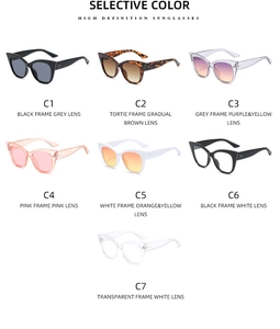 Detail view showing seven color variations of oversized cat eye sunglasses in a grid layout