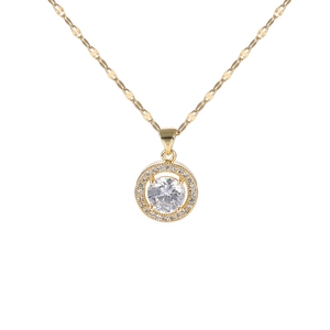 Golden round pendant necklace with zircon crystals and snake chain for women