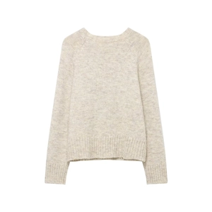 Women's crewneck long sleeve wool blend knitted sweater in oatmeal beige color