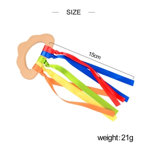 Colorful beech wood baby sensory ring with satin ribbons for teething and tactile play