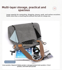 Detailed interior of grey canvas tote bag showing large capacity for tablet and daily items