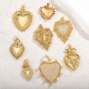 Copper Gold Plated Heart Charms With Cubic Zirconia Pendants DIY Jewelry Making Hollow Out Crown Lotus Vintage Style