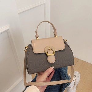 Detailed shot of contrast-colored handbag with pebble leather and golden metal clasp