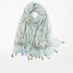 Retro Cotton Linen Blend Floral Scarf Shawl For Women Lightweight Tassel Print Sun Protection Breathable Beach Wrap