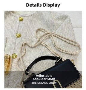Detail of black leather handbag with adjustable braided rope strap and golden button