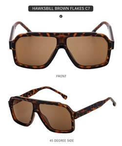 Macro view of Hawksbill Brown square aviator sunglasses with front and 45-degree side angles