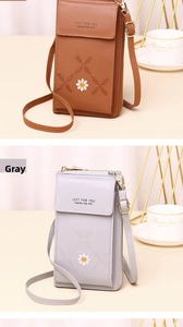 Close-up of vertical crossbody phone bag with daisy embroidery in brown and grey