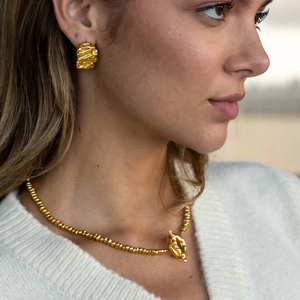18K gold plated irregular lava earrings and toggle clasp beaded necklace on model