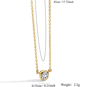 Minimalist gold necklace with a round zircon pendant showing dimensions and 2.2g weight