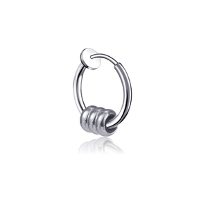 Silver spring clip earring with three sliding rings for non-pierced ears on white background