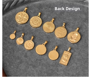 Detailed view of reverse sides of vintage 18K gold-plated Roman coin pendants and charms