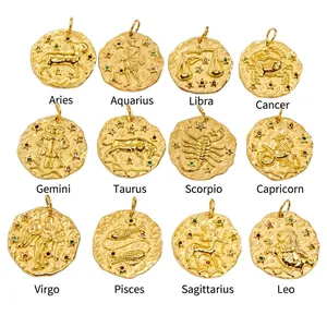 Zodiac Constellation Pendants Stainless Steel Gold Plated Hammered Irregular Coin Charms Colorful Zirconia Retro Style