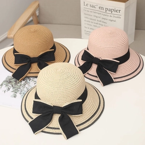 Cappello da Sole in Paglia da Donna Elegante Tesa Larga Estate Spiaggia Vacanza Traspirante Parasole Intrecciato Decorato con Fiocco
