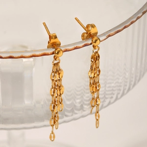 French Style 18K Gold Plated Stainless Steel Lip Chain Long Tassel Drop Earrings For Women Minimalist Elegant Jewelry
