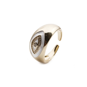Fashionable adjustable gold-plated evil eye ring with white enamel and zircon accents
