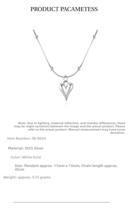 Detailed specs of S925 silver heart necklace with 11x13mm pendant and 45cm chain