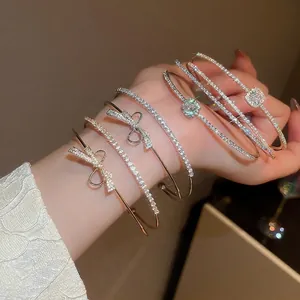 Layered Open Bangle Bracelet Copper Zircon Bow Square Stone French Style Elegant Luxury Jewelry For Women
