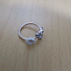 Minimalist rose gold open ring with white flower and sparkling rhinestones branch design