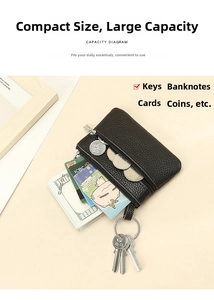 Capacity diagram of black pebble leather mini wallet with double zippers and key ring