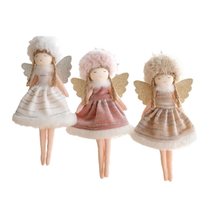 Set of 3 plush Christmas angel dolls in white, pink and beige with glittery gold wings