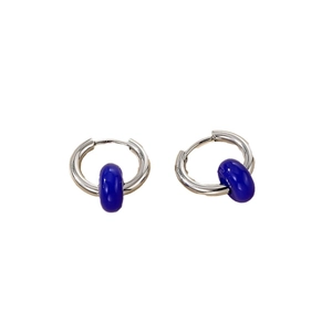 Vintage stainless steel hoop earrings with deep blue natural stone rings on white background